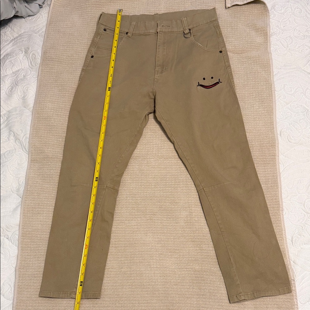 Kids Japanese Casual Tan Chino Pants with Embroidered Smile Detail